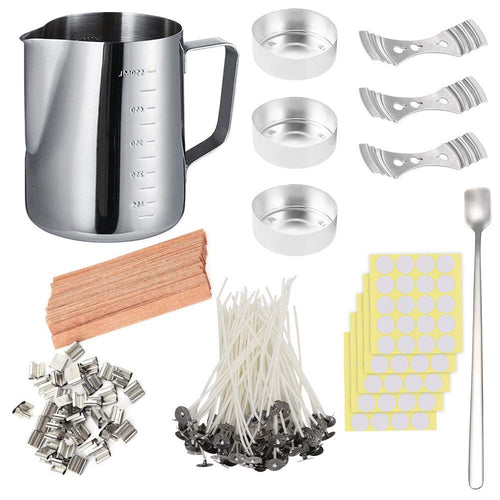 DIY Candle Making Set, 600ml Pouring Pot with Scale+100pcs Candle Wicks+20pcs Wood Candle Wicks with Metal Stands+100pcs Sticker+3pcs 3-Hole Holders+Stirring Spoon+3pcs Aluminum Molds, Low Smoke, [product_type], Yatuela, resinartbysheri, [variant_title],