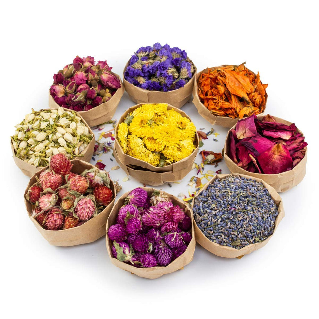 Miw Piw Natural Dried Flower- Gift Box - 9 Bags Floral Kit for Soap, Candle, Resin Jewelry Making, Bath, Nail, Decoration - Rosepetals, Rosebuds, Lavender, Jasmine, Gomphrena, Chrysantherum, dried flowers, Miw Piw, resinartbysheri, [variant_title],