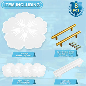 Large Resin Silicone Mold, 1pc Flower Tray Mold for Resin Casting, 4pcs Coaster epoxy Molds, 1pcs Handle Mould and 2pcs Golden Hanldes for Serving Tray, DIY Crafts and Holiday Gifts (8pcs), [product_type], HURIANIC, resinartbysheri, [variant_title],