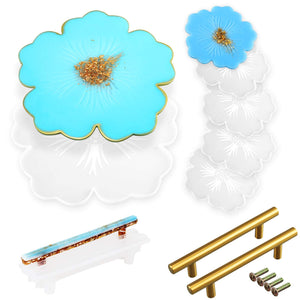 Large Resin Silicone Mold, 1pc Flower Tray Mold for Resin Casting, 4pcs Coaster epoxy Molds, 1pcs Handle Mould and 2pcs Golden Hanldes for Serving Tray, DIY Crafts and Holiday Gifts (8pcs), [product_type], HURIANIC, resinartbysheri, [variant_title],