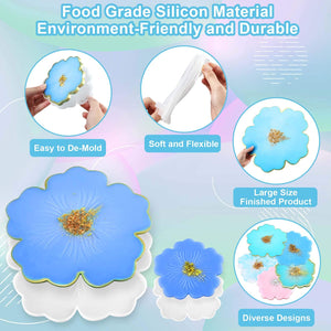 Large Resin Silicone Mold, 1pc Flower Tray Mold for Resin Casting, 4pcs Coaster epoxy Molds, 1pcs Handle Mould and 2pcs Golden Hanldes for Serving Tray, DIY Crafts and Holiday Gifts (8pcs), [product_type], HURIANIC, resinartbysheri, [variant_title],