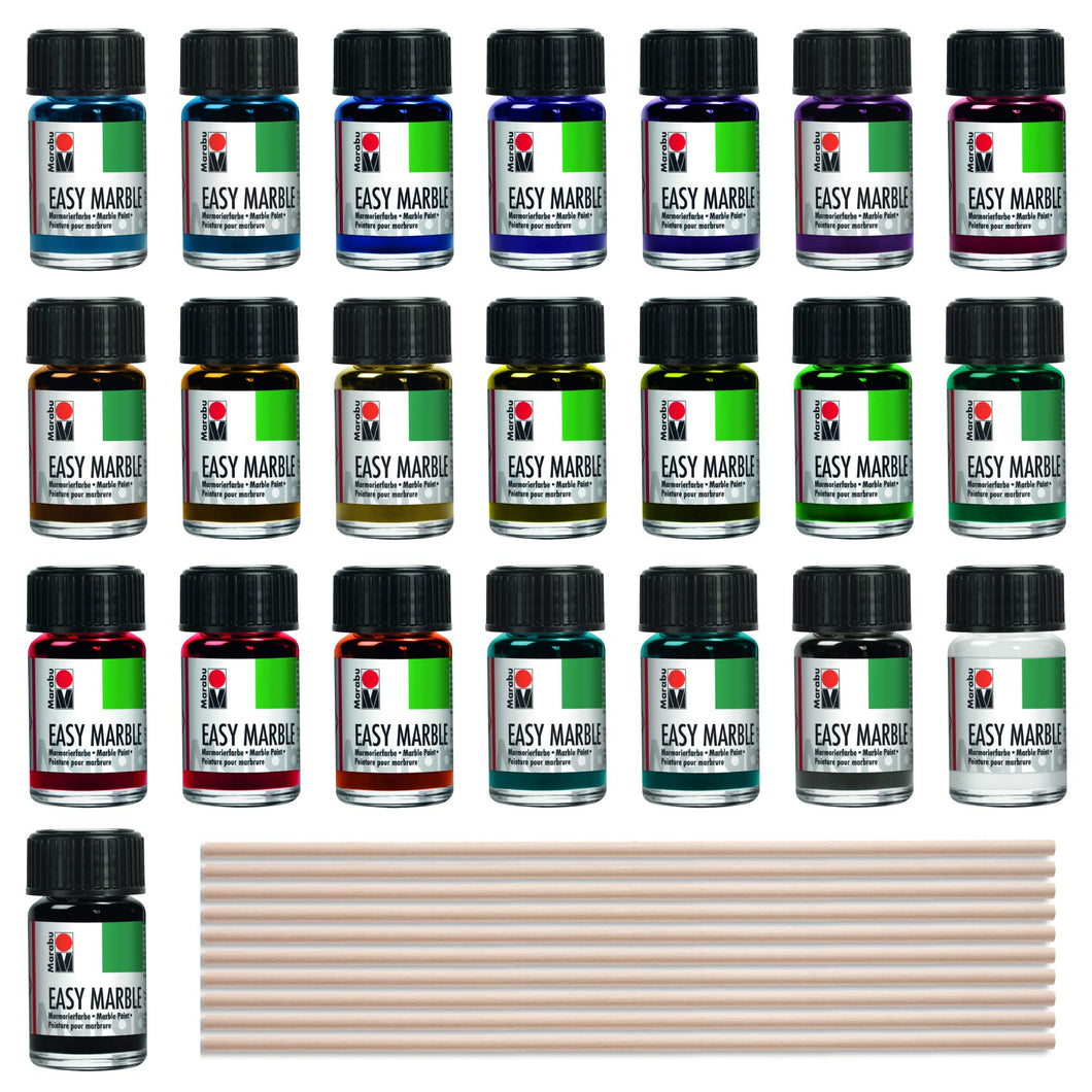 Marabu Easy Marble Paint Set | 22 Vibrant and Metallic Colors | x10 Wooden Marbling Tool for Marabu Marble Paint | 32 Pack Bundle